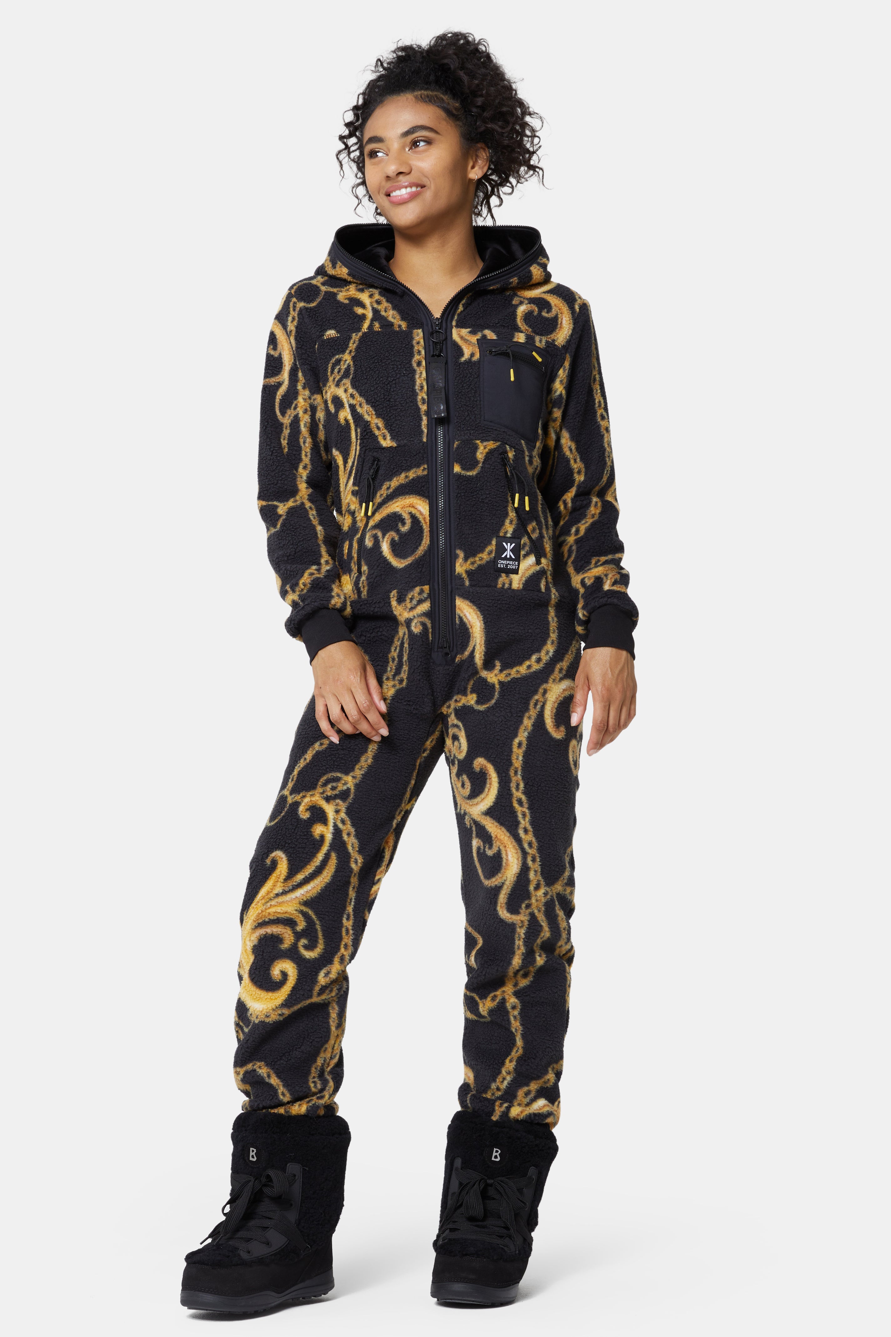 Gold Chain Fleece Jumpsuit Black
