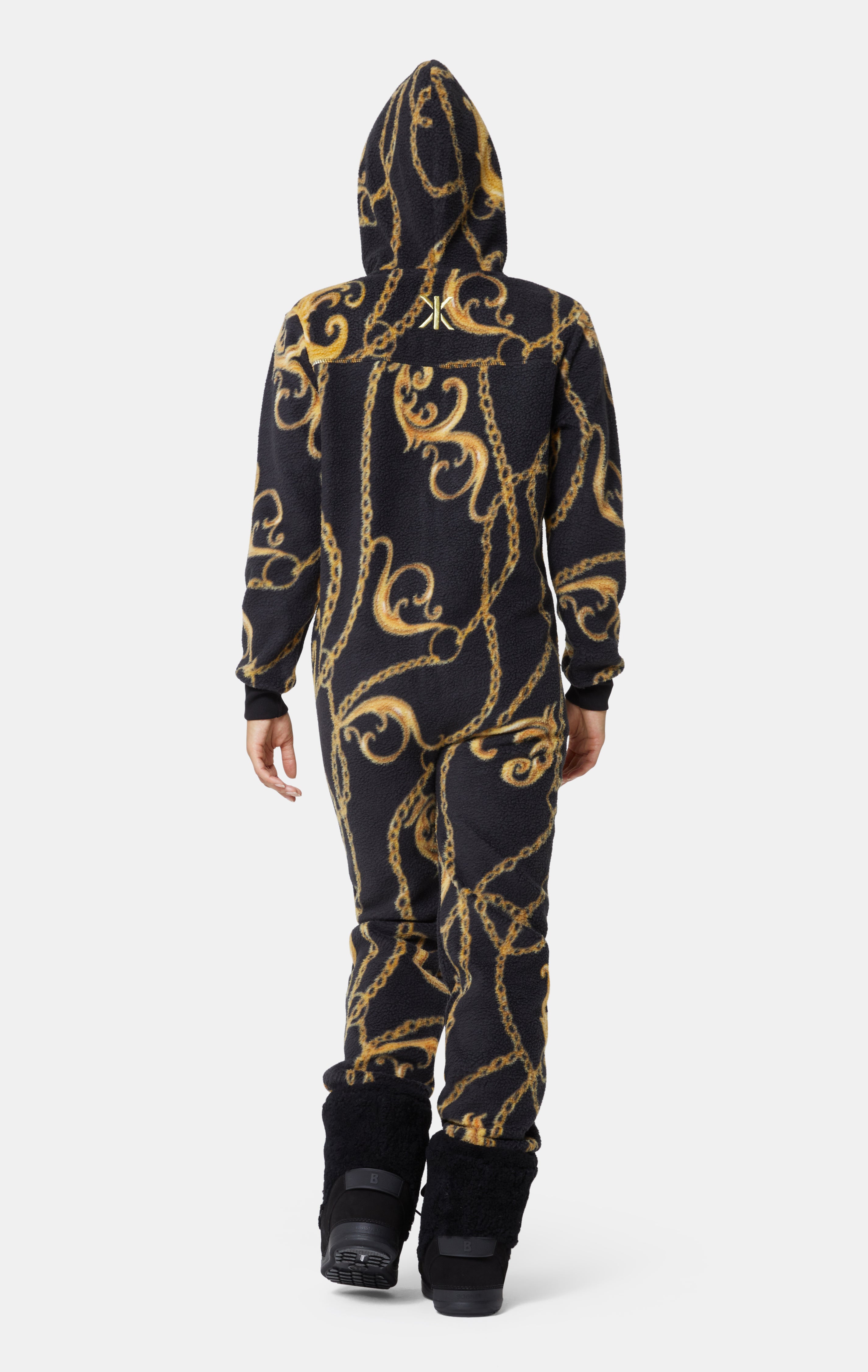 Gold Chain Fleece Jumpsuit Black