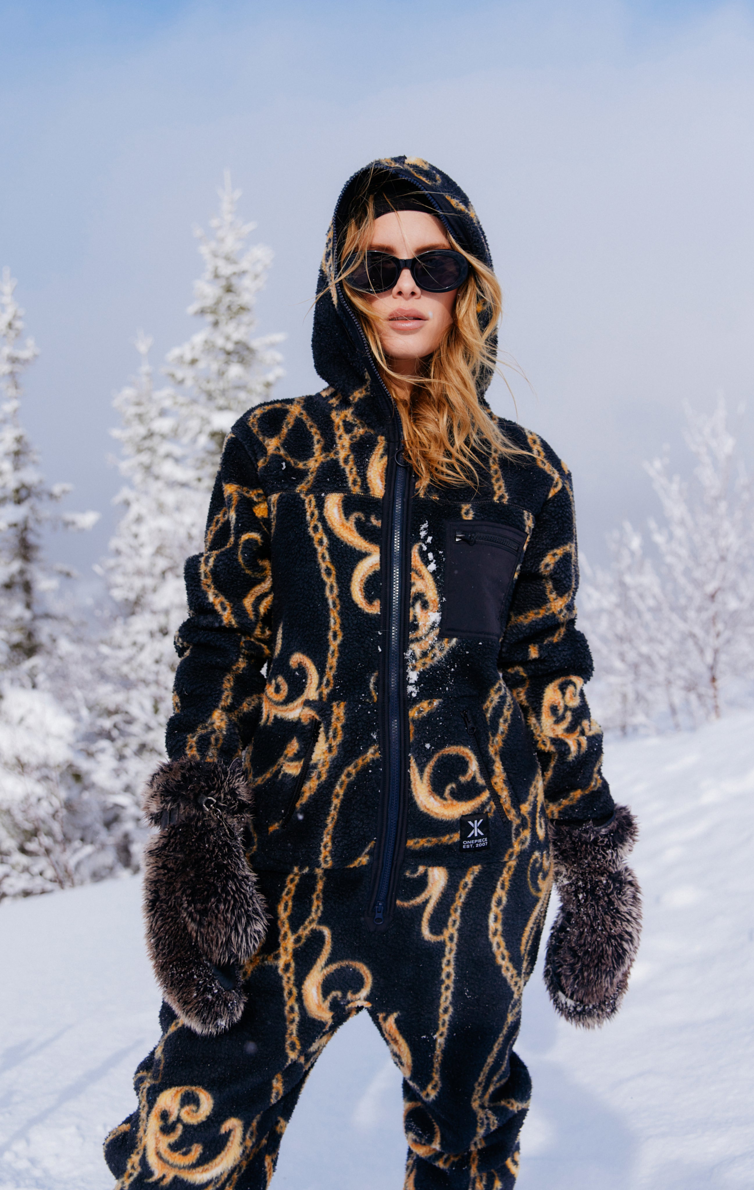 Gold Chain Fleece Jumpsuit Black