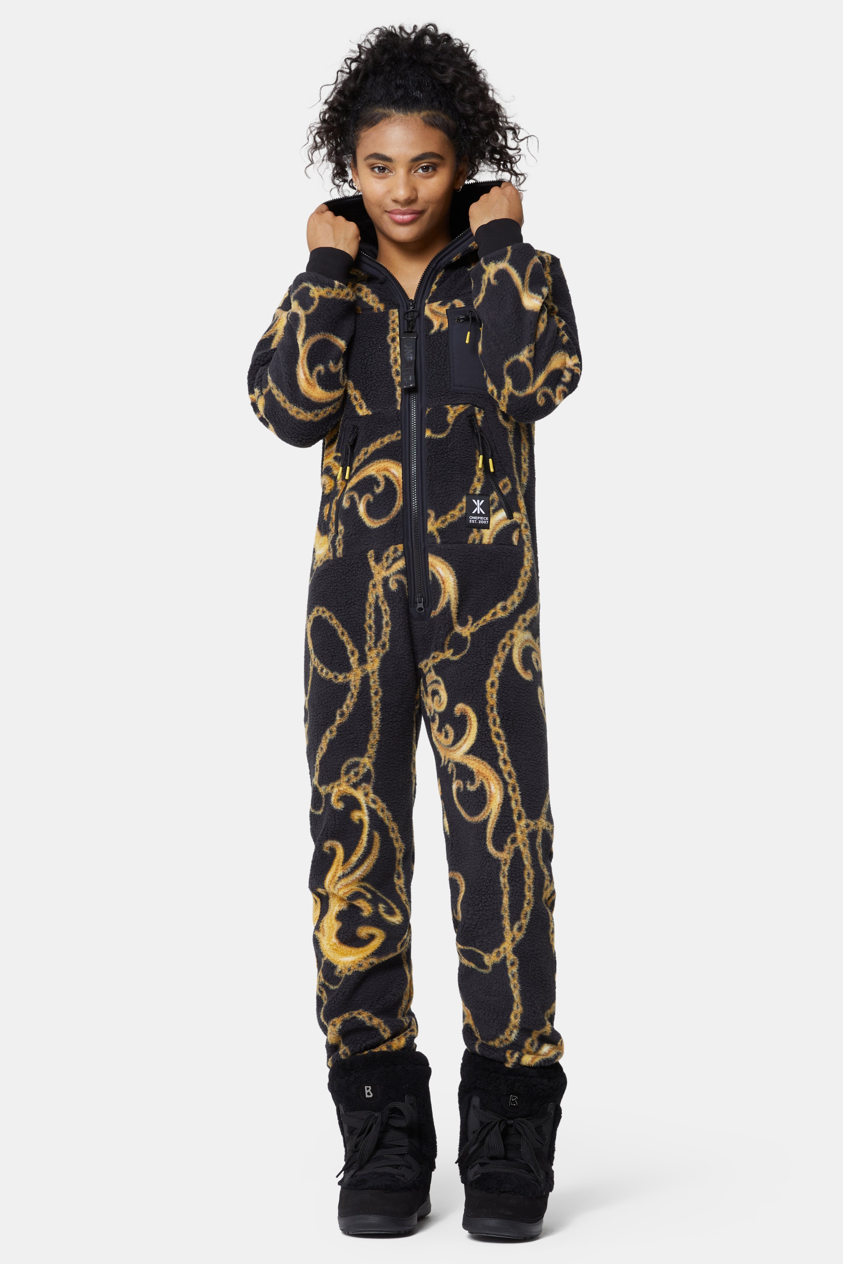 Gold Chain Fleece Jumpsuit Black