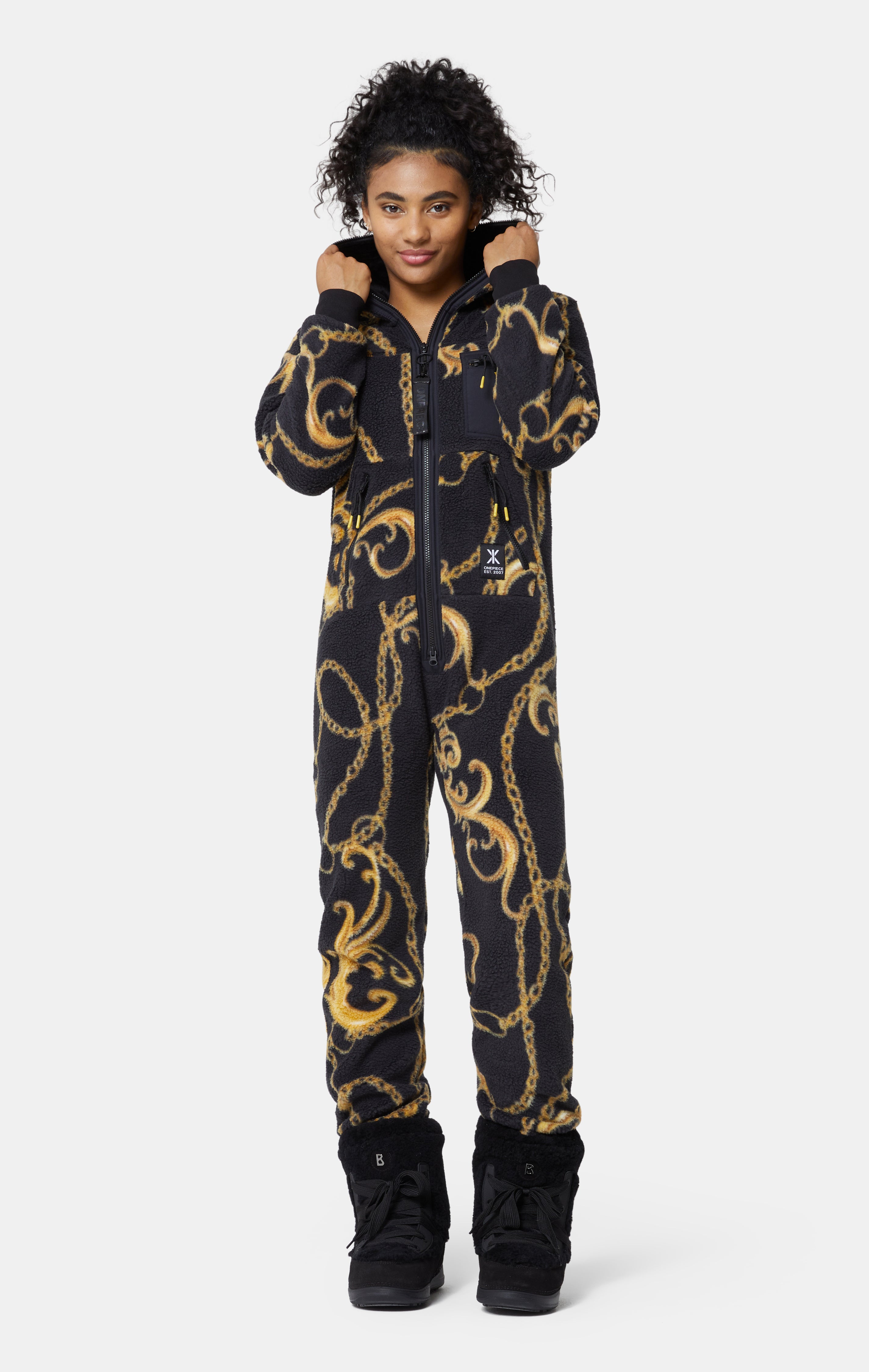 Gold Chain Fleece Jumpsuit Black