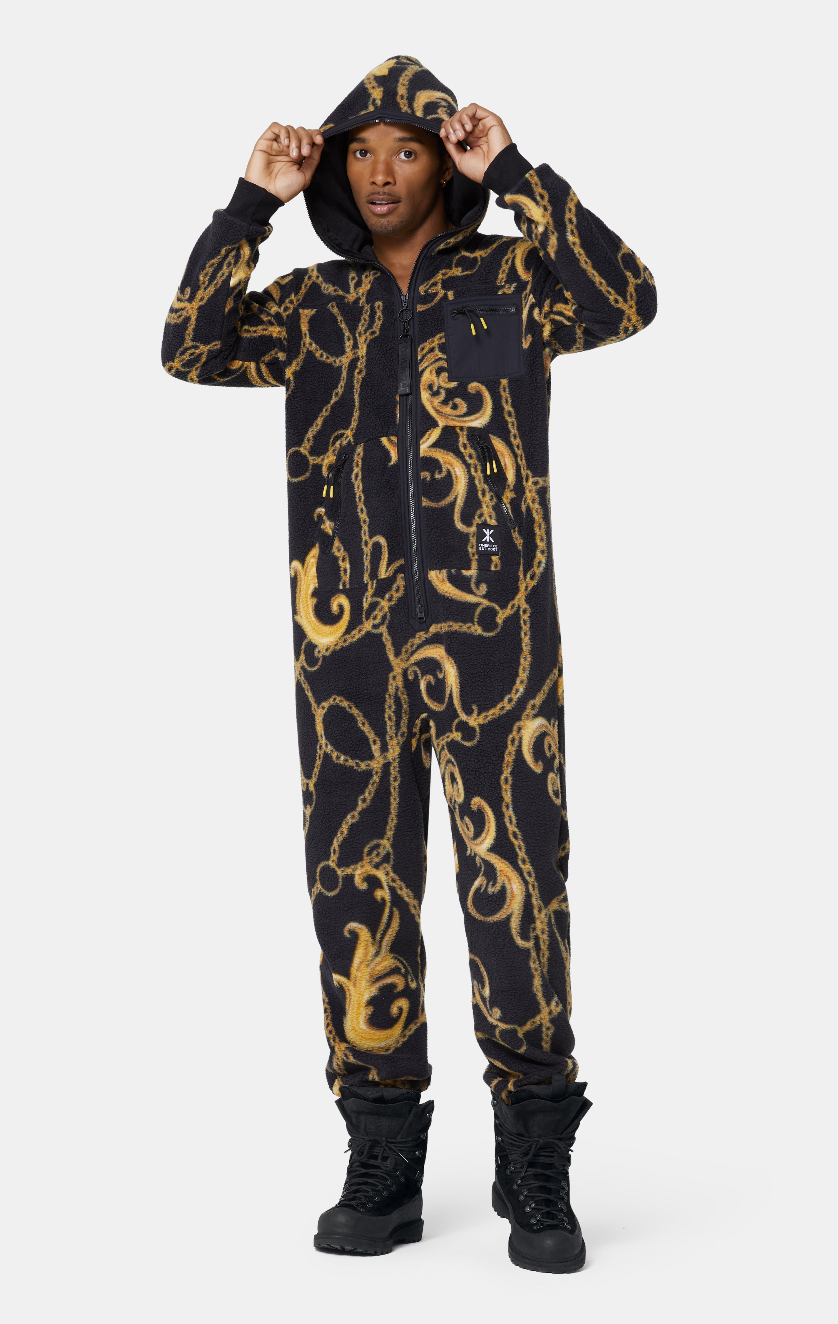 Gold Chain Fleece Jumpsuit Black