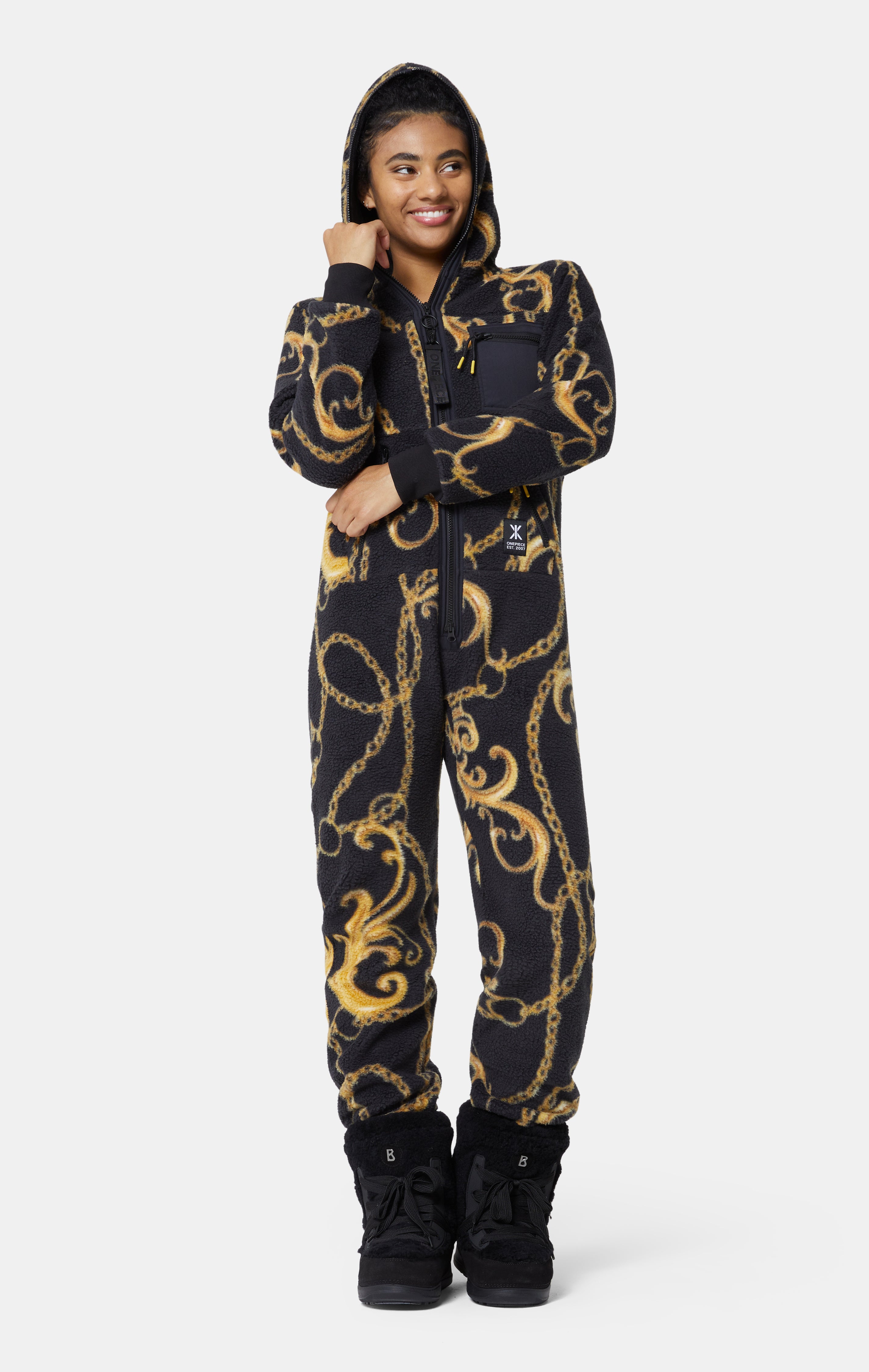 Gold Chain Fleece Jumpsuit Black