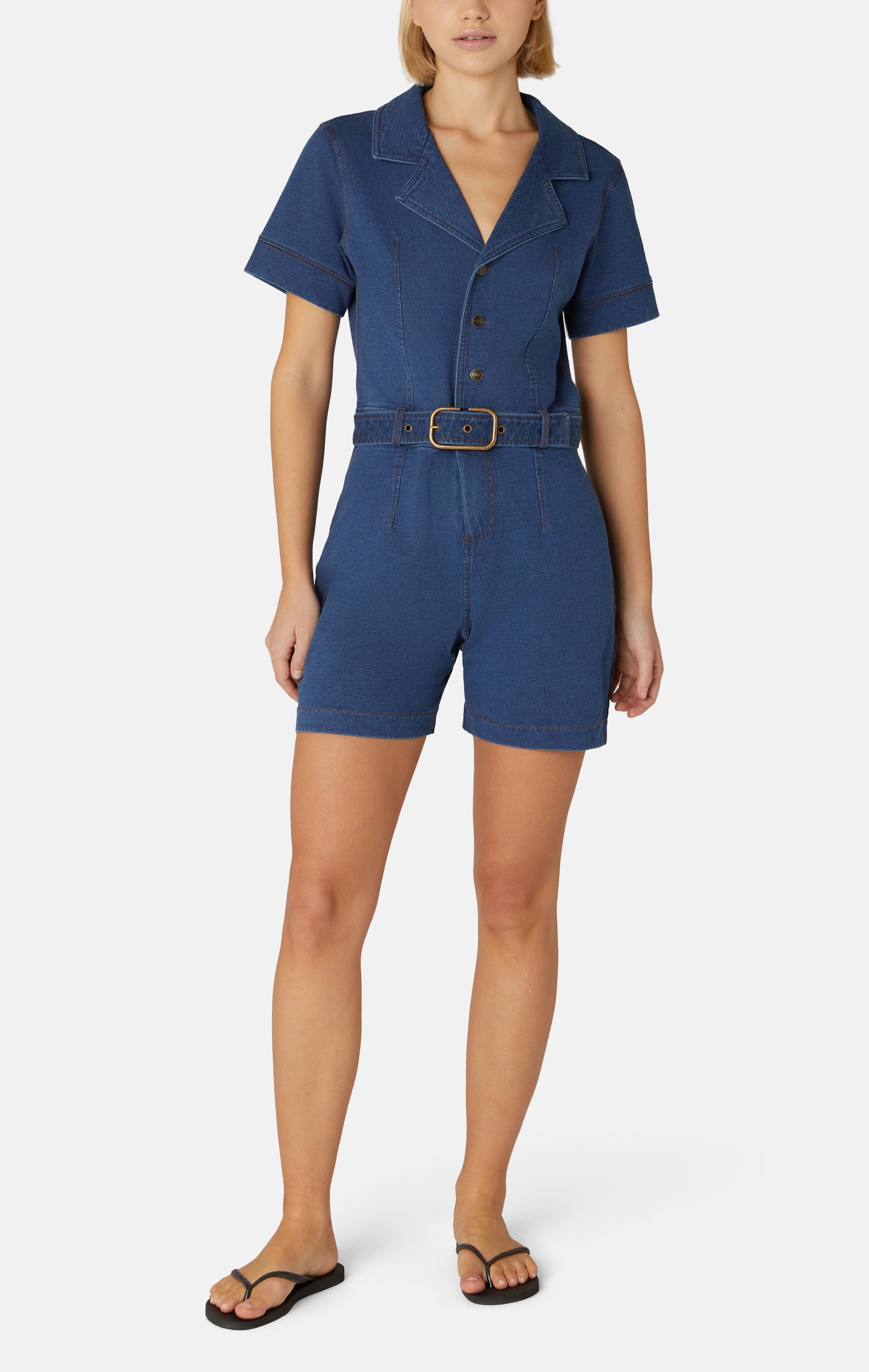 Denim Fitted Short Jumpsuit Dark Blue
