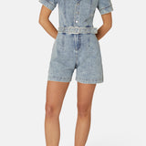 Denim Fitted Short Jumpsuit Light Blue