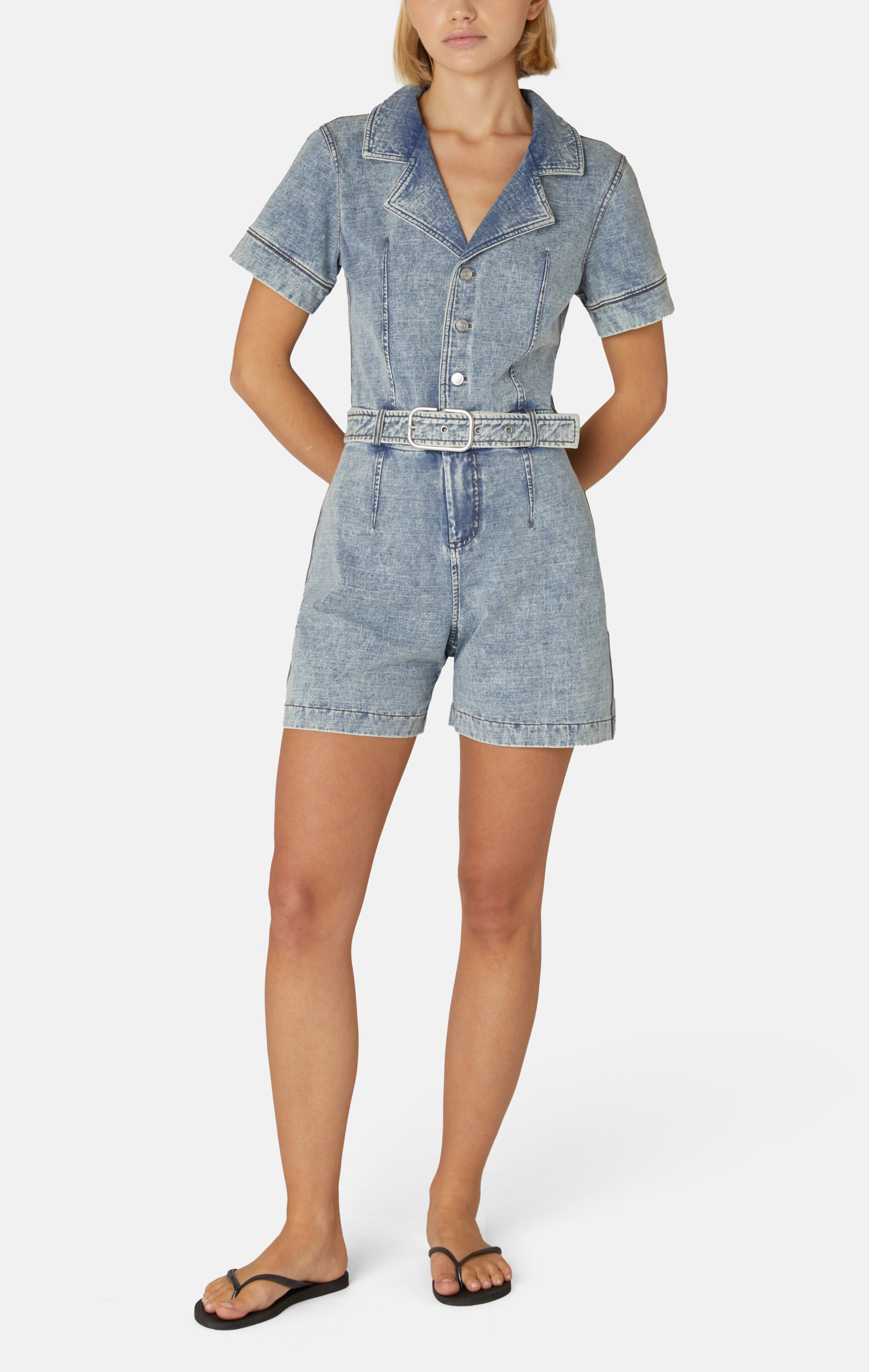 Denim Fitted Short Jumpsuit Light Blue