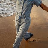 Light Chambray Flared Jumpsuit Light Blue