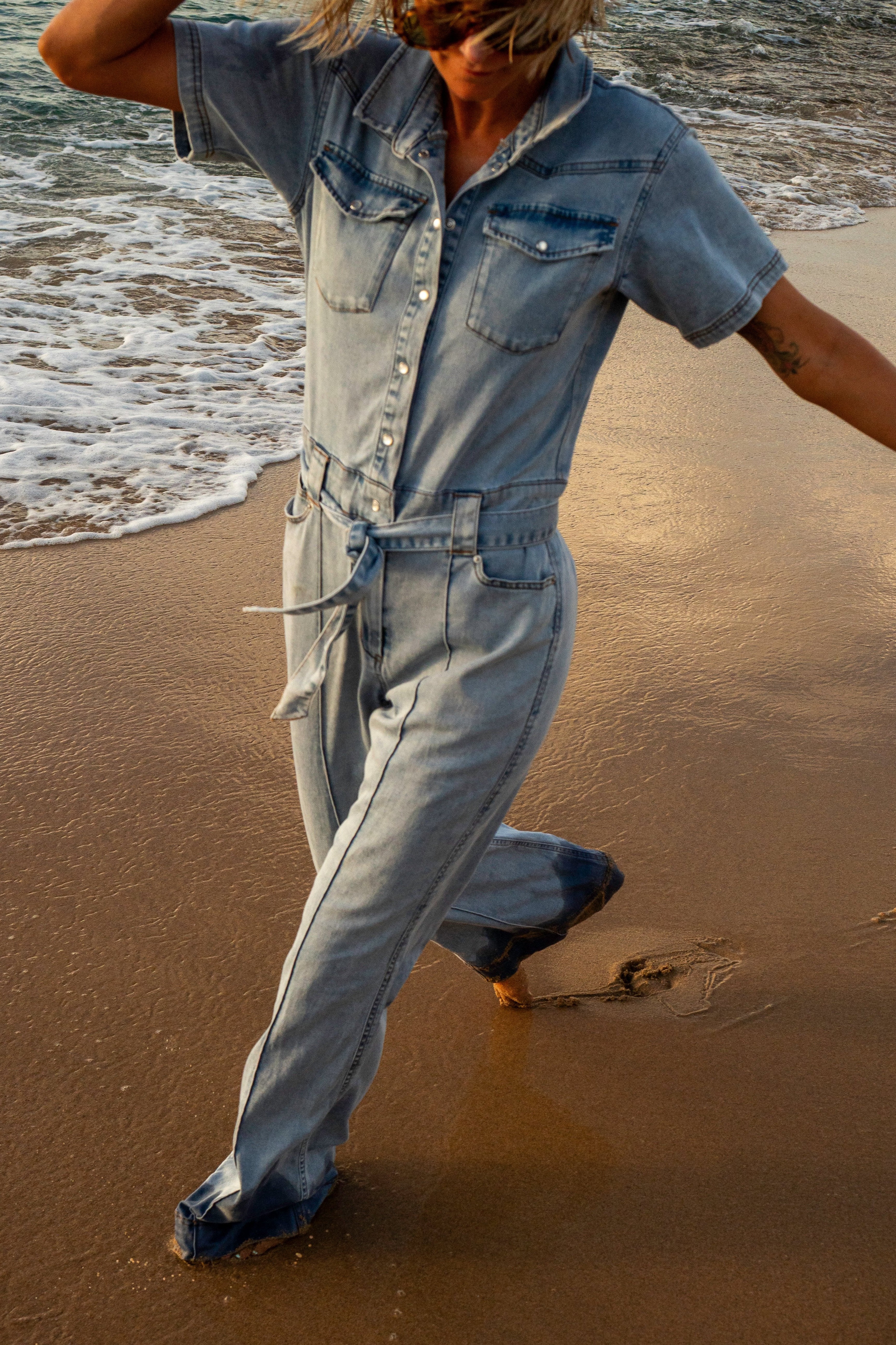 Light Chambray Flared Jumpsuit Light Blue