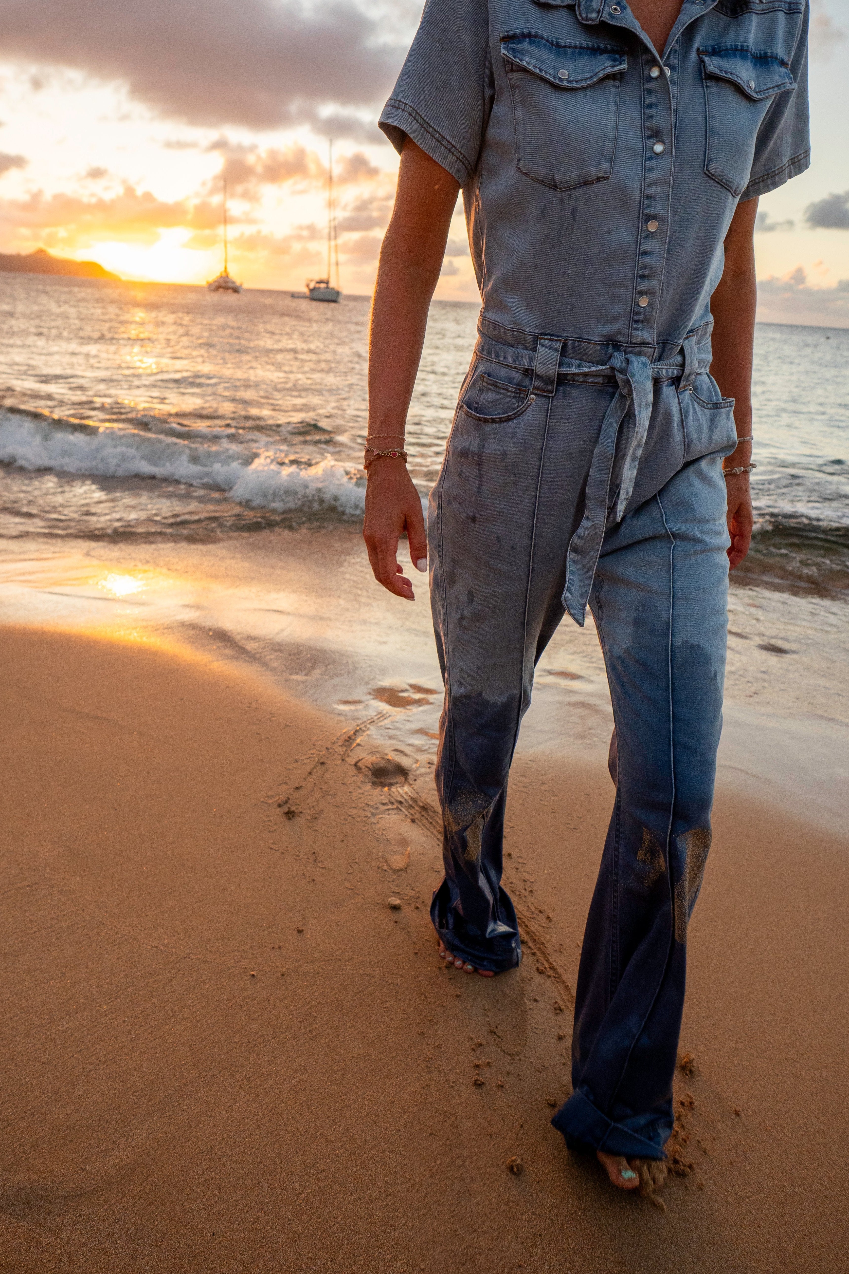 Light Chambray Flared Jumpsuit Light Blue