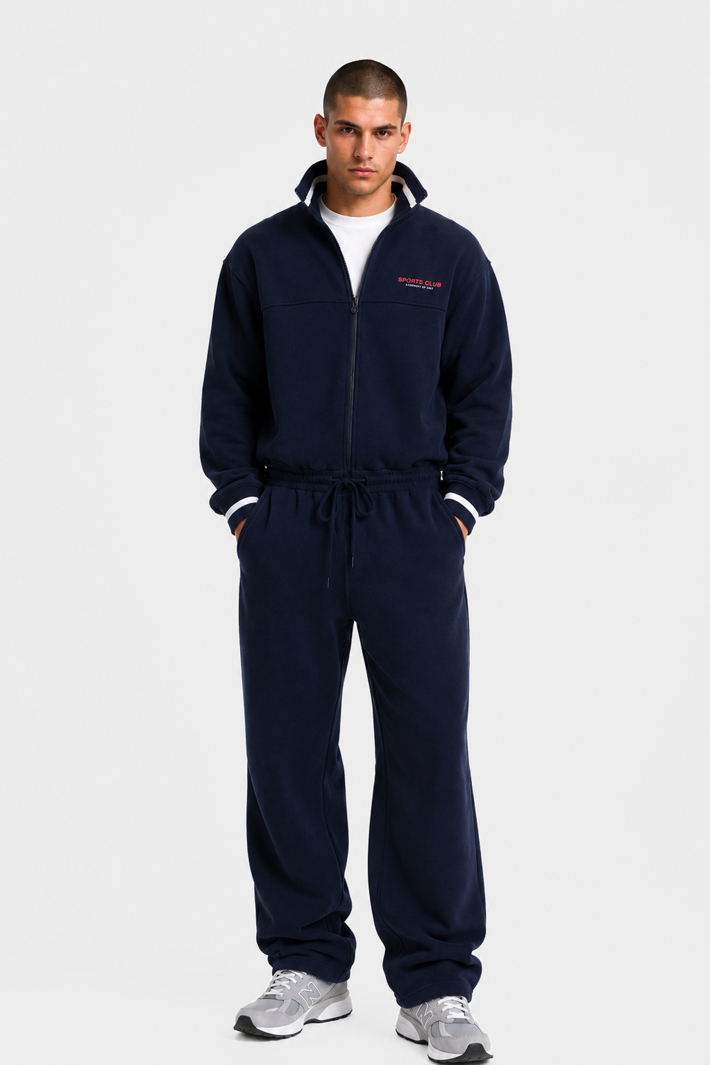 90s Sporty Jumpsuit in navy, full-length front view on male model