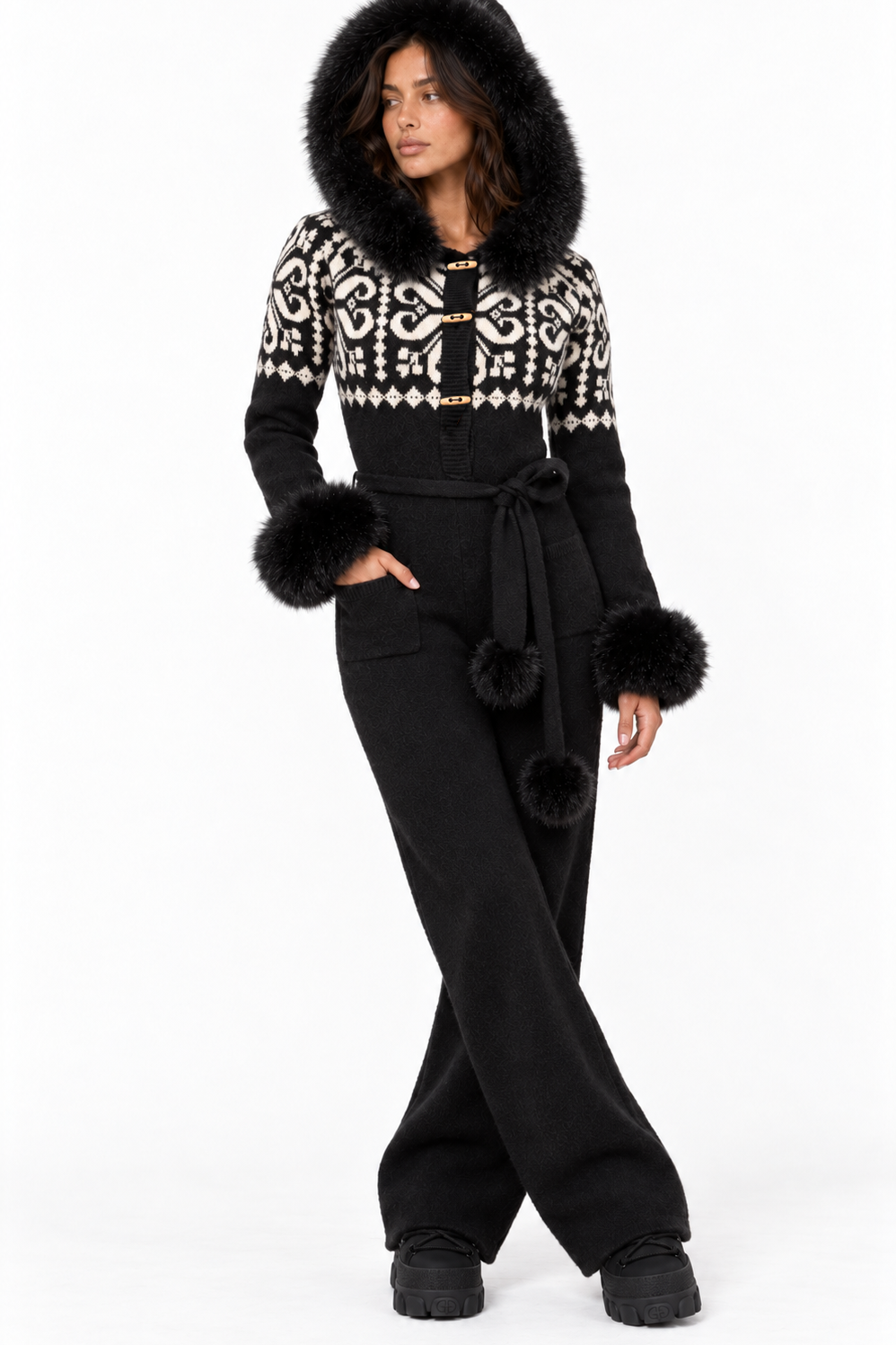 Nordic Knit Fitted Jumpsuit | Black